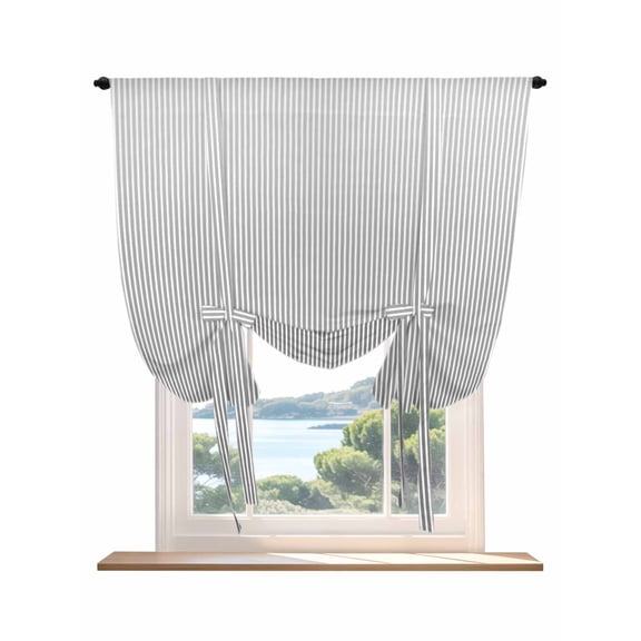 Gray Striped Tie Up Curtains for Windows 63 Inch Length Balloon Curtains Kitchen Adjustable Balloon Window Shade Vintage Minimalist Vertical Stripes Lines Tie Up Bathroom Curtain Window 52"x63"