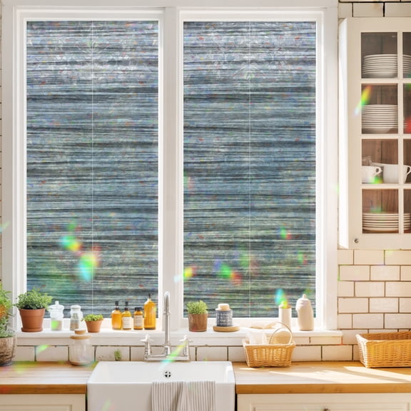 Gray Striped Window Privacy Film Boho Ash Gray Lines Wood Grain Rustic Countryside Static Cling Stained Glass Window Film Non-Adhesive Decorative Decals Rainbow Sticker 17.7"X39.3"