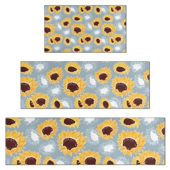 Gray Sunflower White Flower Pattern Kitchen Rugs Sets Of 3,Kitchen Runner Rugs Non Skid Washable,Decorative Kitchen Floor Mats for Kitchen,Sink,Laundry,17"x30"+ 17"x47" + 17"x59"