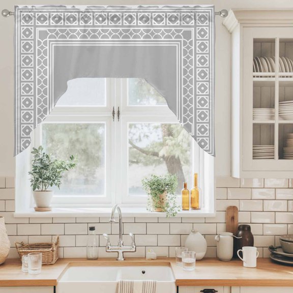 Gray Swag Valance for Windows, Boho Diamond Pattern Border Rustic Southwestern Swag Curtains Valances for Small Window Treatment Rod Pocket for Kitchen Bathroom 1 Panel 56x36in