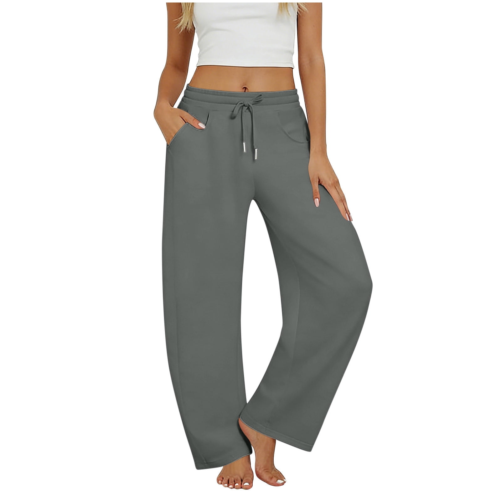 Gray Sweatpants Women Elastic Waist Running Pants with Pockets ...