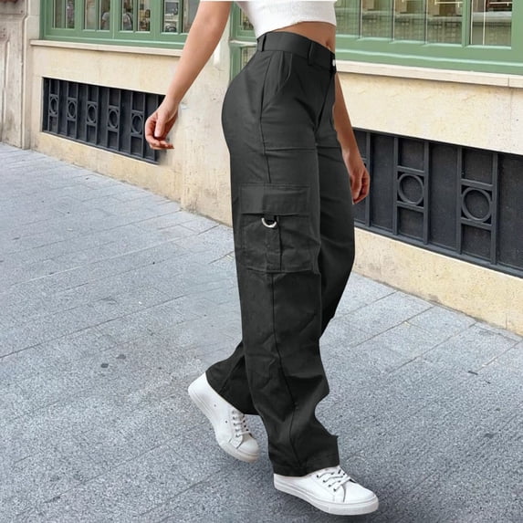 Gray Sweatpants Womens Daily Elastic Waist Pockets Straight Solid Color Casual Pants Loose Pockets Cargo Long Trousers Fashion Clothing