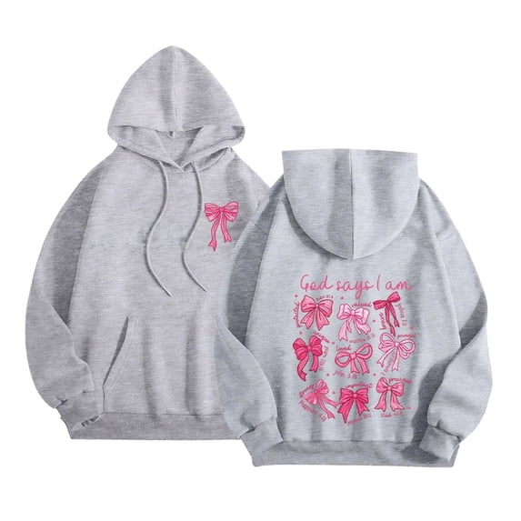 Gray Sweatshirt for Women Bow Hoodie for Women God Says I Am Graphic Bow Hoodies | Oversized Womens Graphic Sweatshirt Long Sleeve Shirt