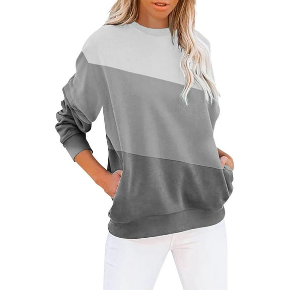 Gray Sweatshirt for Women's Round Neck Colorblock Sweatshirt Tops Long Sleeves Casual Pullover Cute Lightweight Loose Tops Women Fall Clothes