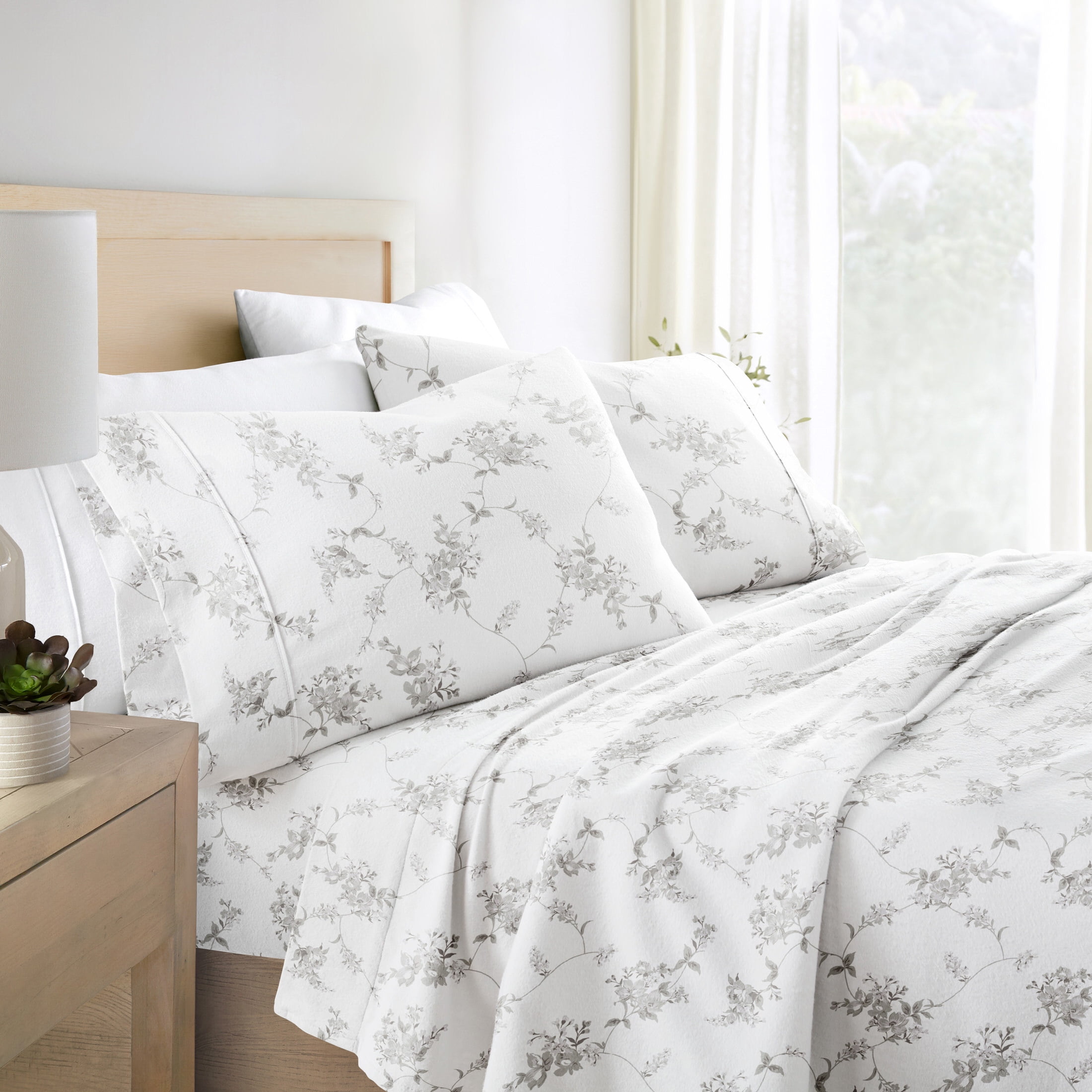 Gray Floral Cotton Flannel Queen Deep Pocket Sheet Set