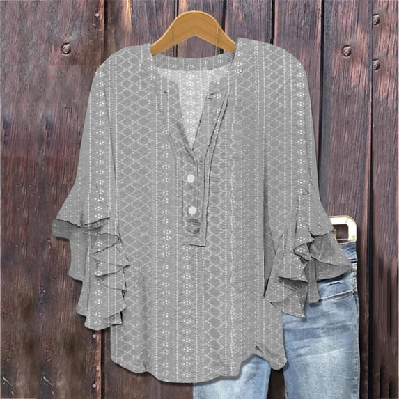 Gray T Shirts for Women's V Neck Tie Button Hollow Fabric Ruffled Sleeves Loose Casual Breathable Short Sleeves Fashion Clothing