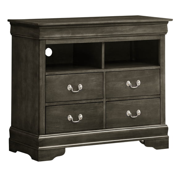 Gray TV Media Chest for Bedroom | Storage with Carved Bases | English Dovetailed Drawers | Safe Metal Guides