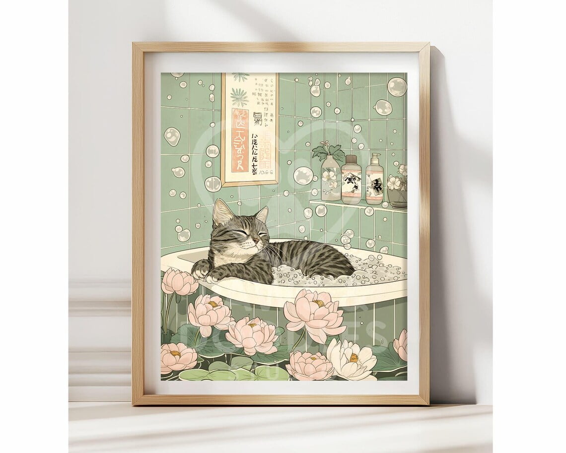 Gray Tabby Cat In Bathtub Funny Cat Bathroom Poster Neutral Japandi ...