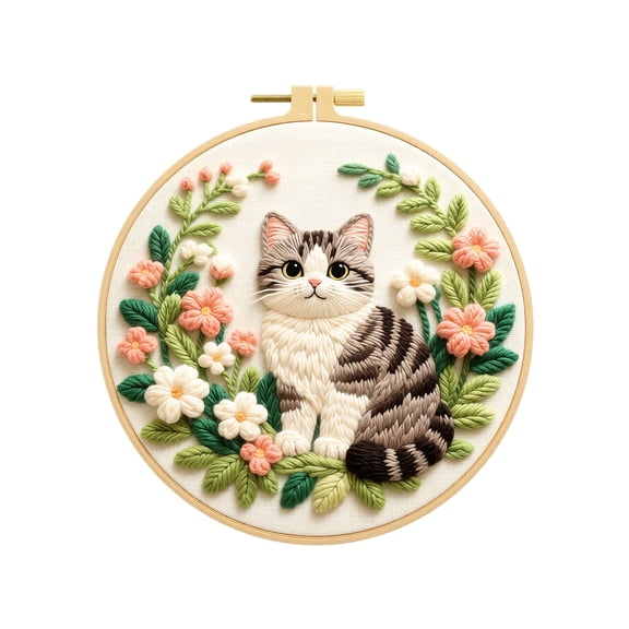 Gray Tabby Cat Embroidery Kit for Beginners, Cute Animal DIY Hand Embroidery Set with 20cm Hoop Scissors Threader, Home Decor Craft Gift