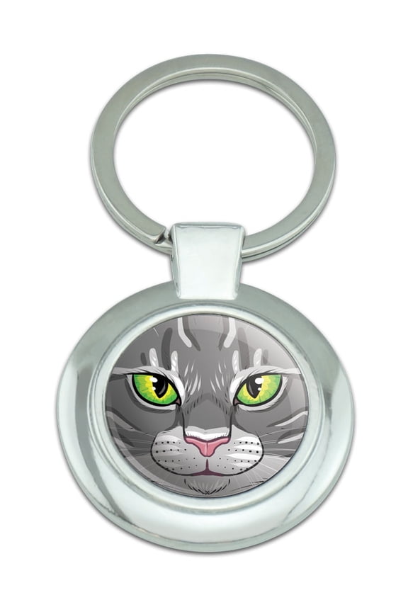 Gray Tabby Cat Face Pet Kitty Classy Round Chrome Plated Metal Keychain