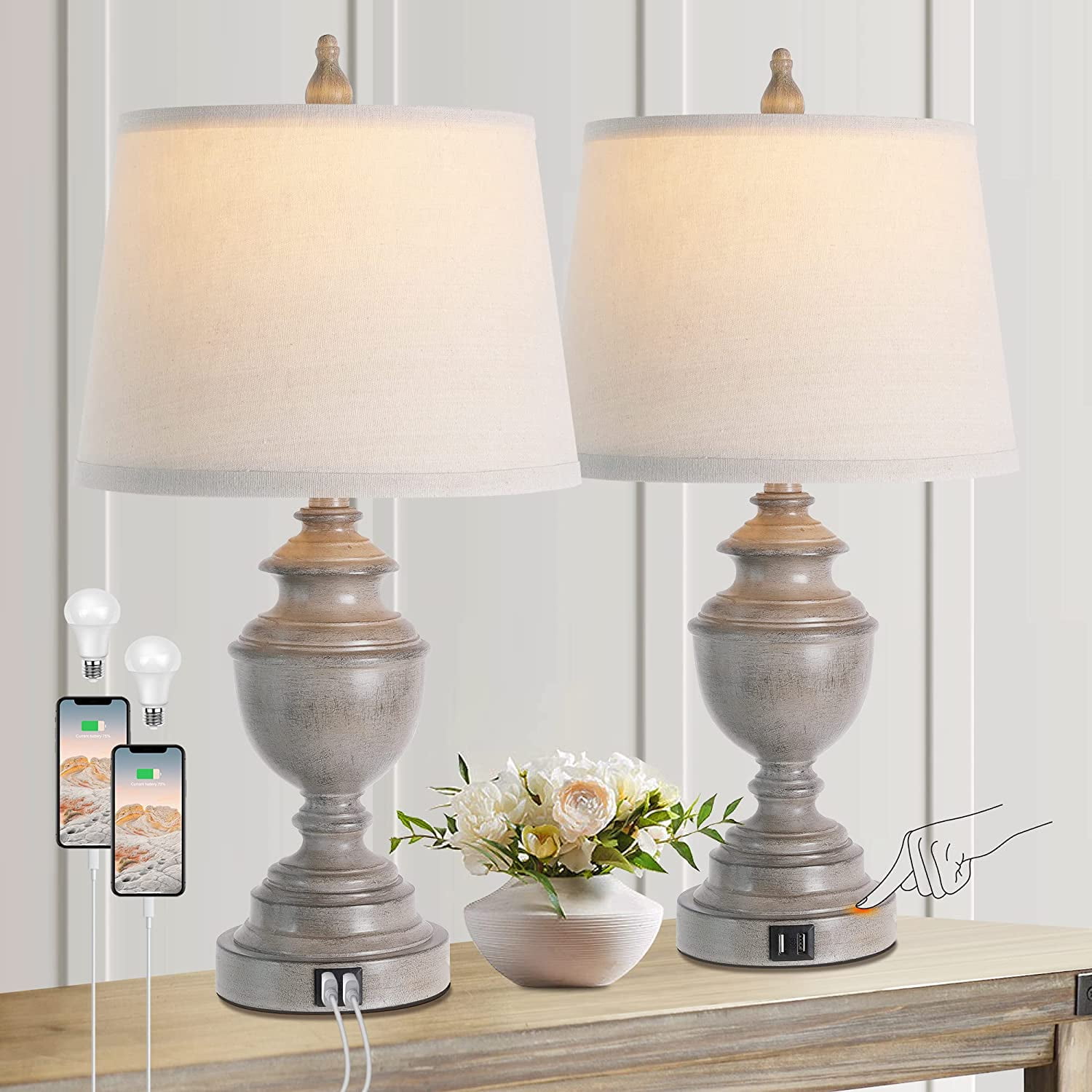 Gray Resin Table Lamps Set of 2 with USB Ports and Linen Shades