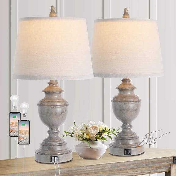 Gray Table Lamps for Set of 2 with Port, 3-Way Dimmable Touch Control Nightstand Lamps, Bedside Lamps for Room, Farmhouse Lamps with Tapered Linen Drum Shade, Bulbs Included