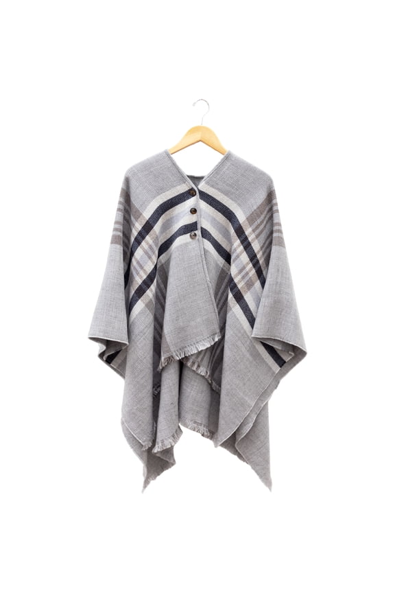 Gray, Tan & Black Plaid - 51" x 56" Ruana One Size Fits Most