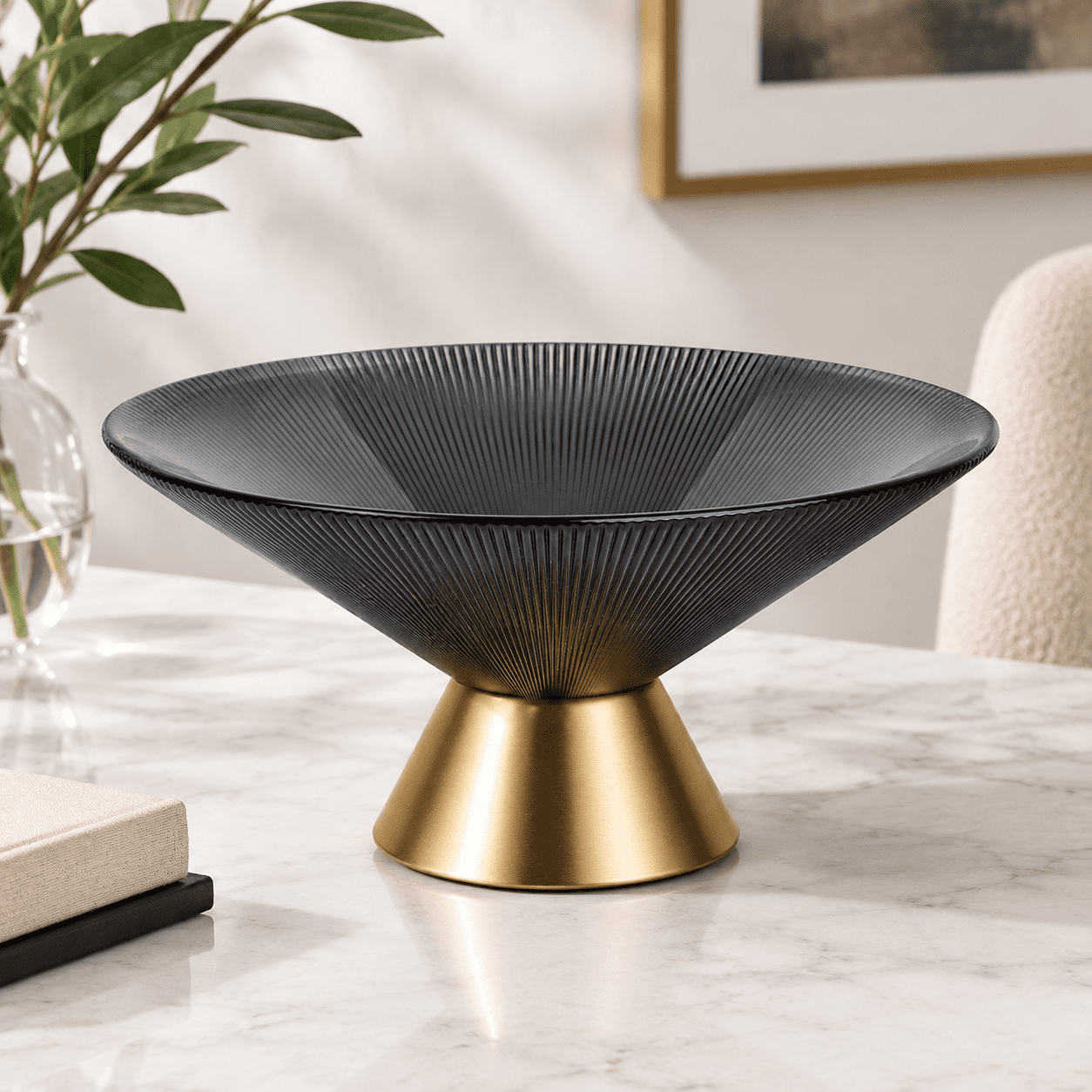 Gray Tapered Handblown Striped Glass Decorative Bowl with Metal Base ...