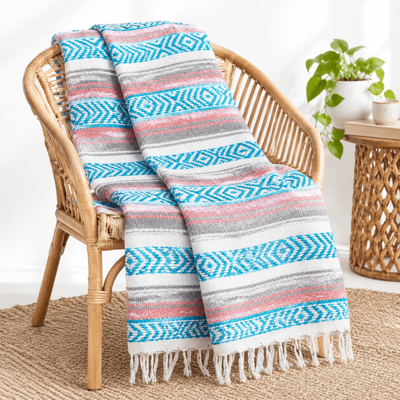 Gray Teal And Pink Mexican Blanket By Laguna Beach Textile Co - Yoga ...