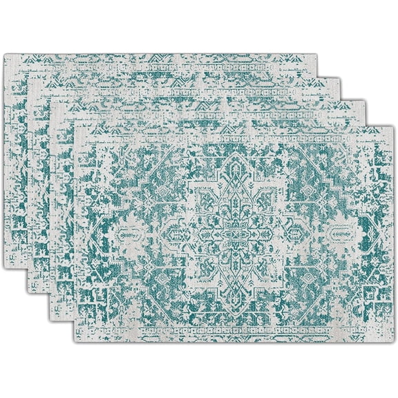 Gray Teal Boho Placemats Set of 4 Ethnic Bohemian Carpet Place Mats Washable Kitchen Dining Vintage Grey Geography Floral Linen Table Mats Stain Heat-Resistant Cloth Tabel for Home Party 12x18 in