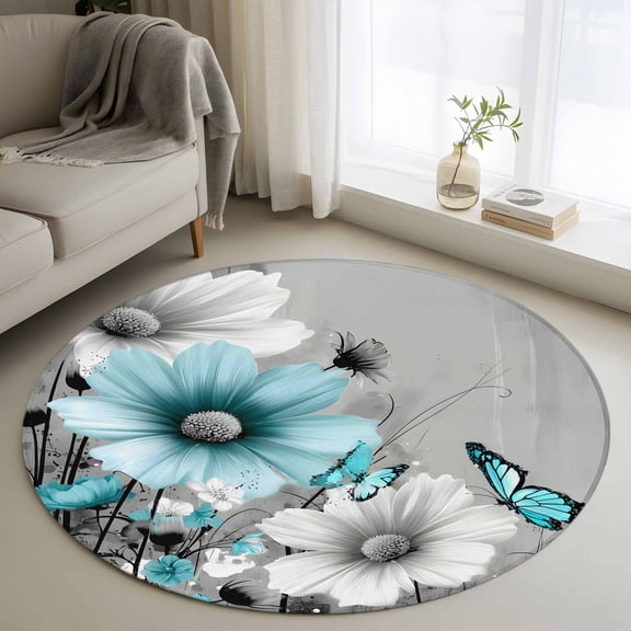Gray Teal Daisy Butterfly 3FT Round Area Rugs Nature Floral Wildflowers Abstract Soft Small Round Rug Non-Slip, Ultra-Thin Indoor Circle Carpet for Bedroom Entryway Kitchen Bathroom