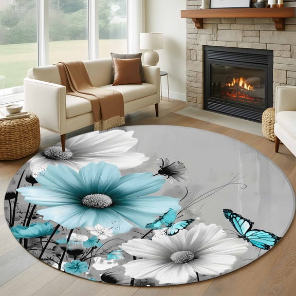 Gray Teal Daisy Butterfly 8FT Round Area Rugs for Living Room Nature Floral Wildflowers Abstract Ultra-Thin Non-Slip Round Rugs Machine Washable Low Pile Circle Carpet for Bedroom Kitchen Nursery