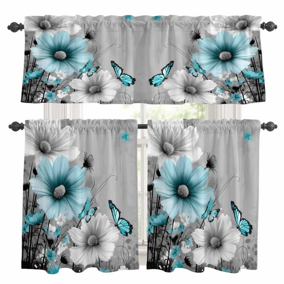 Gray Teal Daisy Butterfly Kitchen Curtains and Valances Set, Nature Floral Wildflowers Abstract Rod Pocket Window Valance Window Curtain Panels for Living Room Bedroom Laundry, 27.5x24in, 3 Pieces
