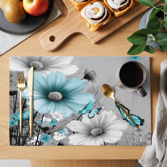 Gray Teal Daisy Butterfly Placemats Set of 2, Nature Floral Wildflowers Abstract Heat Insulated Linen Place Mats, Washable Stain-Proof Table Mats for Dining Tables Holiday Decor 13x19 Inches