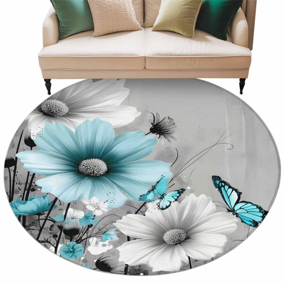 Gray Teal Daisy Butterfly Round Living Room Rugs 6 ft, Nature Floral Wildflowers Abstract Washable Area Rug with Non-Slip Sturdy Edge Binding Round Carpet for Kitchen Office Bedroom