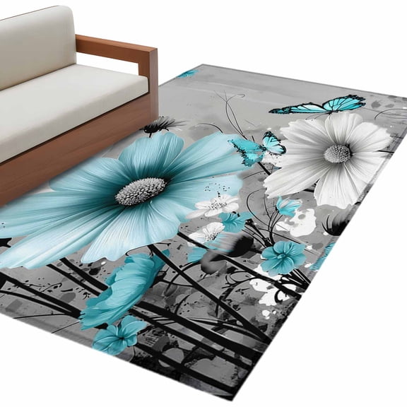 Gray Teal Daisy Butterfly Washable Area Rugs 2.7'x5', Nature Floral Wildflowers Abstract Low Pile Throw Living Room Rug Non-Slip Sturdy Edge Binding Carpet for Indoor Entryway Bedside Kitchen