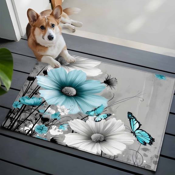 Gray Teal Daisy Butterfly Washable Entry Rug 2x3 Nature Floral Wildflowers Abstract Low Pile Indoor Door Mat with Rubber Backing Thin Area Rug for for Entrance, Bedroom, Kitchen, Laundry, Bathroom