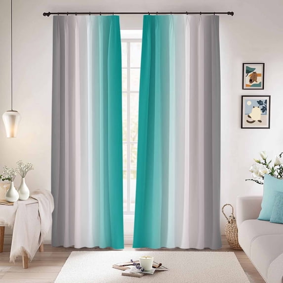Gray Teal Green Blackout Curtains for Bedroom/Living Room, Pinch Pleated Black Out Curtains, Modern Gradient Geometric Room Darkening Window Drapes with Hooks 2 Panels, 59"x70"