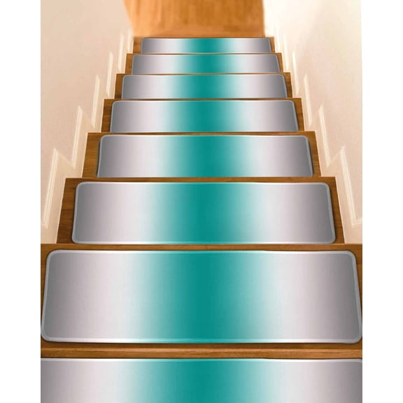 Gray Teal Green Stair Treads Non Slip Runners Rugs, 4 Pcs Carpet for Stairs with Adhesive, Modern Gradient Geometric Stair Mats Pads Indoor Stair Treads for Wooden Steps 8"x30"