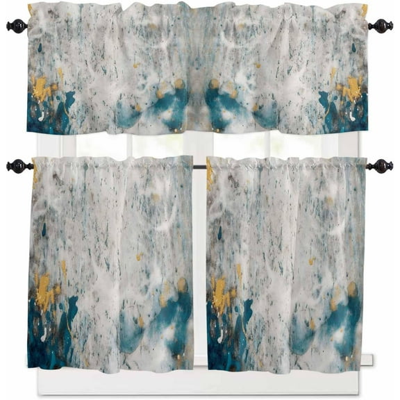 Gray Teal Kitchen Curtains, Modern Abstract Art 3-Piece Kitchen Curtain Valance and Tiers Set 36 Inch Length, Retro Flow Marble Rod Pocket Half Window Curtains for Cafe Living Room Bathroom
