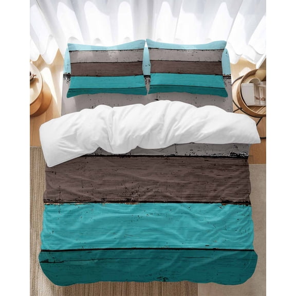 Gray Teal Wood Grain Bedding Duvet Cover Set Full Size 4 Pieces Countryside Stripe Gradient Art Bedding Set with Zipper Closure, 1 Comforter Cover 86x86 Inches 1 Flat Sheet & 2 Pillow Cases