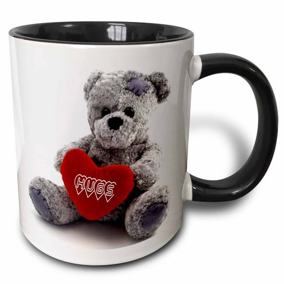 3drose, Gray Teddy Bear with Hugs on a Red Heart, 15oz Two-tone Black Mug