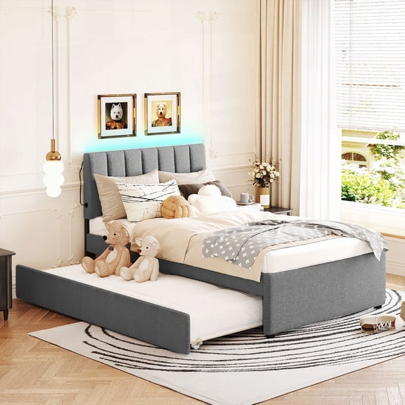 Gray Teddy Fleece Twin Upholstered Platform Bed - Fun and Adorable with Space Saving Trundle