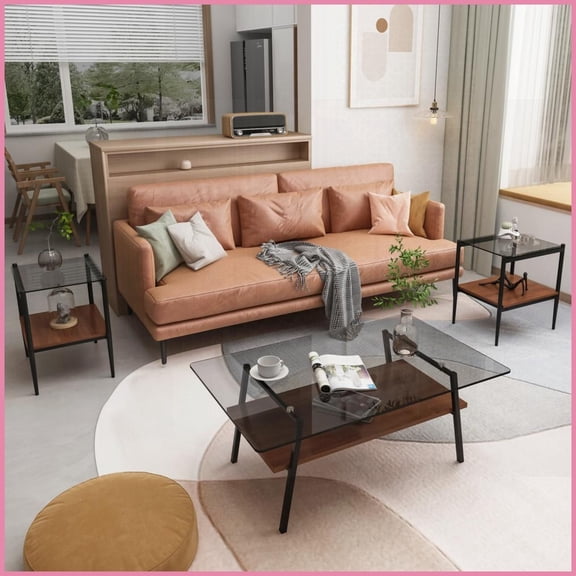 Gray Tempered Glass Coffee & End Table Trio, Easy-Clean with MDF Storage for Living Room