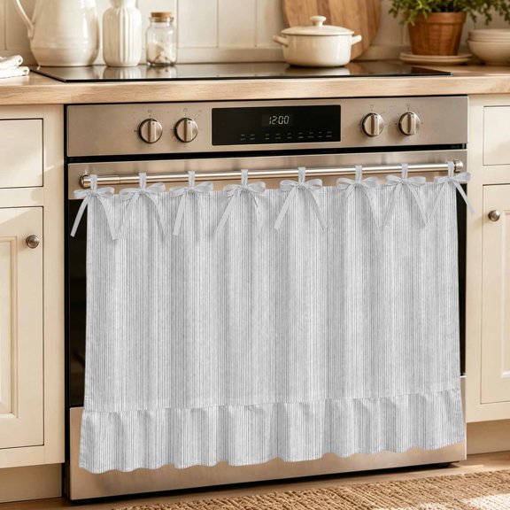 Gray Thin Lines Oven Skirt for Farmhouse Kitchen Décor, Modern Striped Minimalist Oven Curtain Tie Top Decorative Stove Skirt, Cabinet Dish Washer Curtains with 8 Ribbon Ties 30"x21.5"