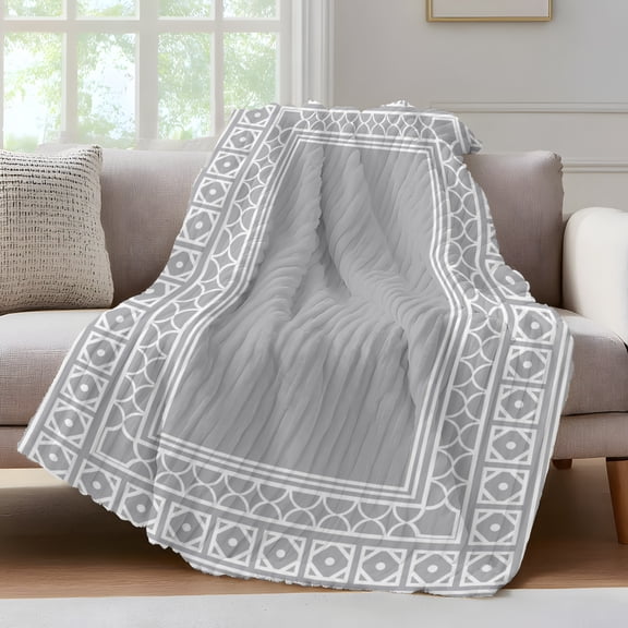 Gray Throw Blanket for Couch Boho Diamond Pattern Border Rustic Southwestern Soft and Warm Flannel 3D Striped Fluffy Fuzzy Fleece Blanket Lightweight Throw for Bed, Sofa 50 x 60 Inches