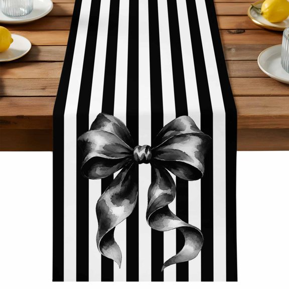 Gray Tied Bow Table Runner, Minimalist Satin Ribbon Black Vertical Stripes Washable Kitchen Table Runners Dress Scarves for Dining Table Decorations Party/Restaurant/Indoor Outdoor Use, 13x36in