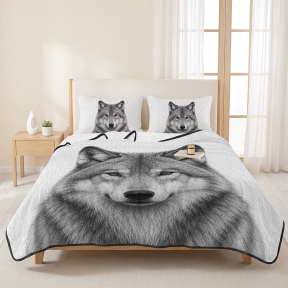 Gray Timber Wolf Sketch 3 Pieces Quilt Set,1 Quilt with 2 Shams,Minimalist Wildlife Pattern Bedspread Soft Lightweight Bedding Coverlet Comforter Set for All Season 96"x106"