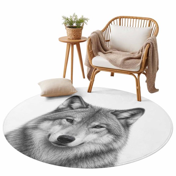Gray Timber Wolf Sketch Area Rug for Bedroom Living Room Rug 3ft, Soft Sponge Cushioned Non-Slip Washable Round Rugs, Minimalist Wildlife Pattern Round Rugs for Dining Room Office Nursery Home