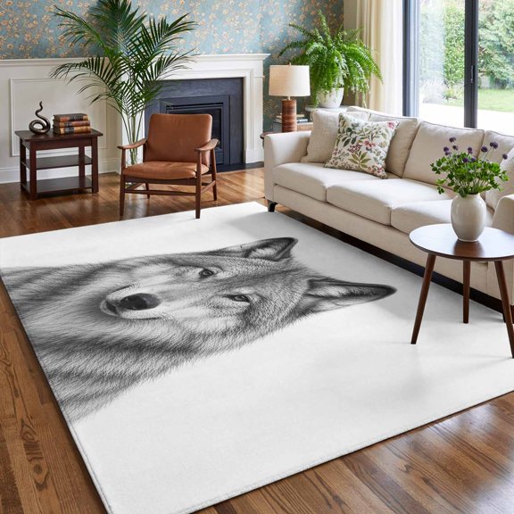 Gray Timber Wolf Sketch Area Rug for Bedroom Living Room Rug 5x7ft, Soft Sponge Cushioned Non-Slip Washable Rugs, Minimalist Wildlife Pattern Rectangle Rugs for Dining Room Office Nursery Home