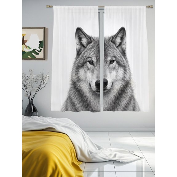 Gray Timber Wolf Sketch Chiffon Sheer Curtains 63 Inches Long Minimalist Wildlife Pattern Rod Pocket Window Curtains Voile Drapes Curtains for Living Room Bedroom,2 Panels