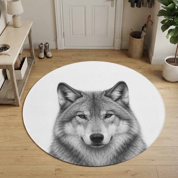 Gray Timber Wolf Sketch Round Area Rug 3ft,Living Room Rug Non-Slip Washable Circle Rugs Pad,Minimalist Wildlife Pattern Soft Floor Carpet for Bedroom Dining Room