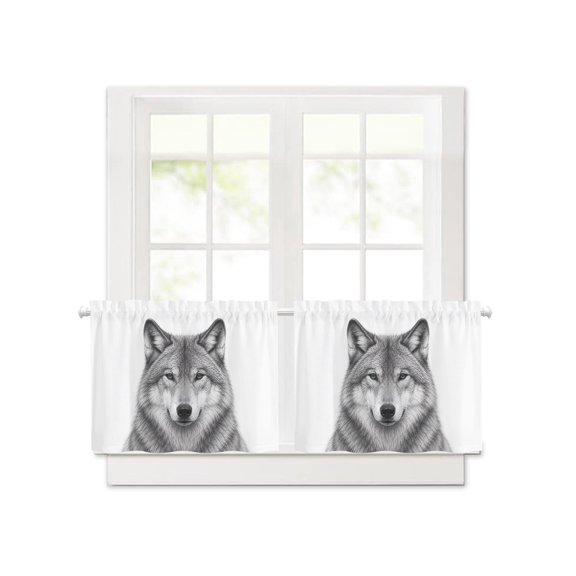Gray Timber Wolf Sketch Short Blackout Curtains,Minimalist Wildlife Pattern Rod Pocket Kitchen Curtains,2 Panels Thermal Insulated Room Darkening Drapes for Bedroom,30"Wx24"L