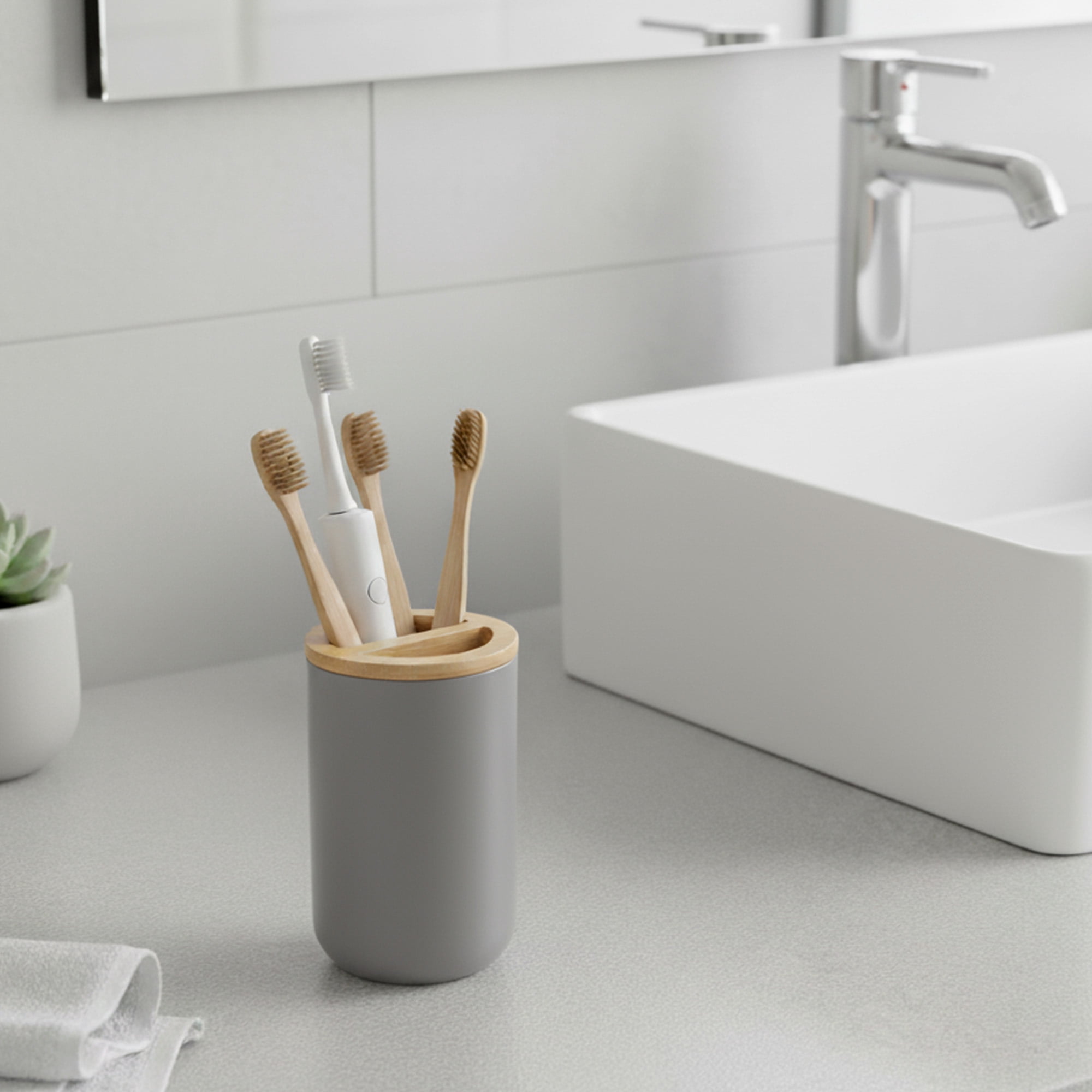 Gray Toothpaste and Toothbrush Holder Padang with Bamboo Top - Chic ...