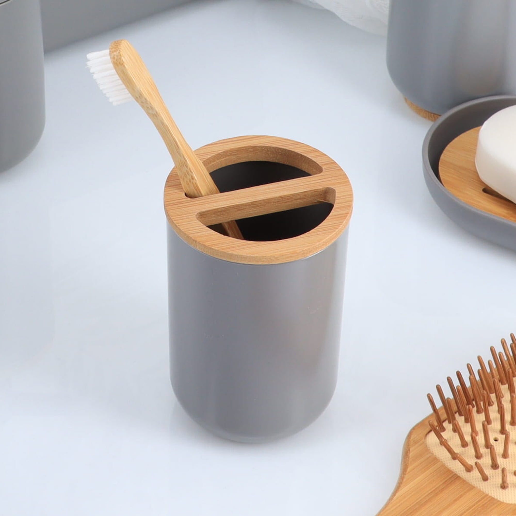 Gray Bamboo Compact Toothbrush and Toothpaste Holder