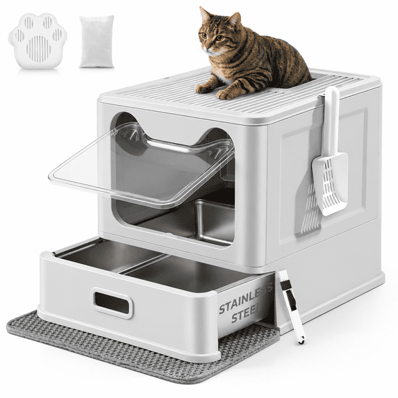 Gray Top Entry Stainless Steel Cat Litter Box with Lid, Spacious Covered Pan for Multi-Pet Households
