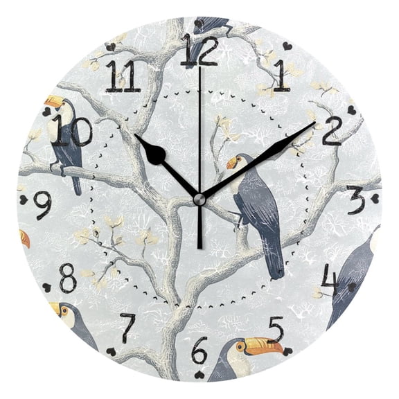Gray Toucan in A Tree Round Wall Clock Silent Battery Operated Home Decor for Living Room Bedroom