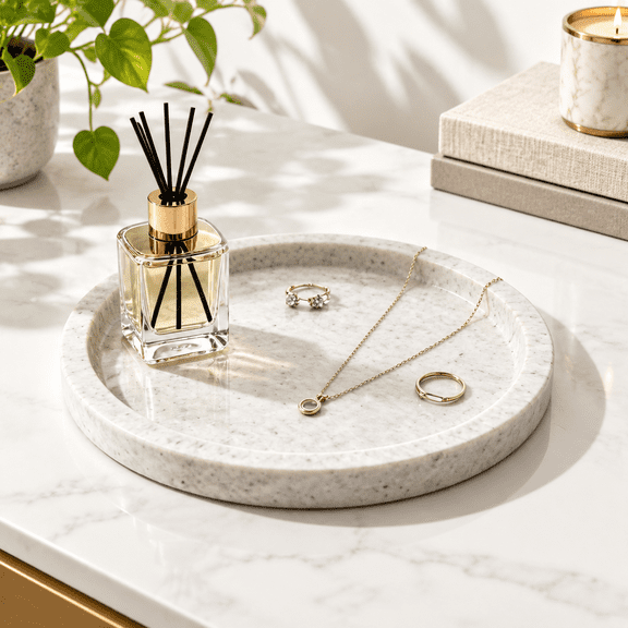 Gray Travertine Marble Round Decorative Tray for Bathroom Vanity and Home Storage
