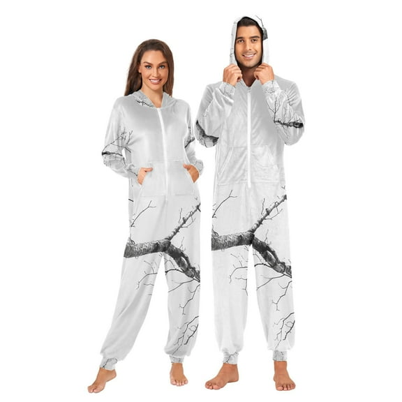 Gray Tree Branch Adult Onesie Pajamas Slim Fit Christmas One Piece Suit Pjs for Women and Men Hooded Zipper