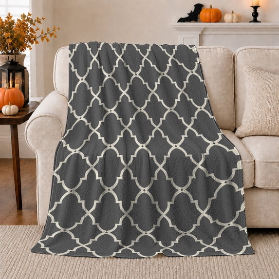 Gray Trellis Lattice with Cream Curves, Classic Geometric Style for Neutral Decor Fans, Repeating Tile Pattern and Housewarming Gift, Cozy Flannel Blanket, Home Decor